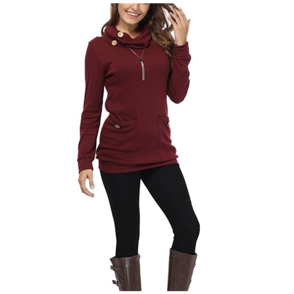 Longsleeve Cowl Neck Sweater Tunic, Burgundy - Picture 2 of 8